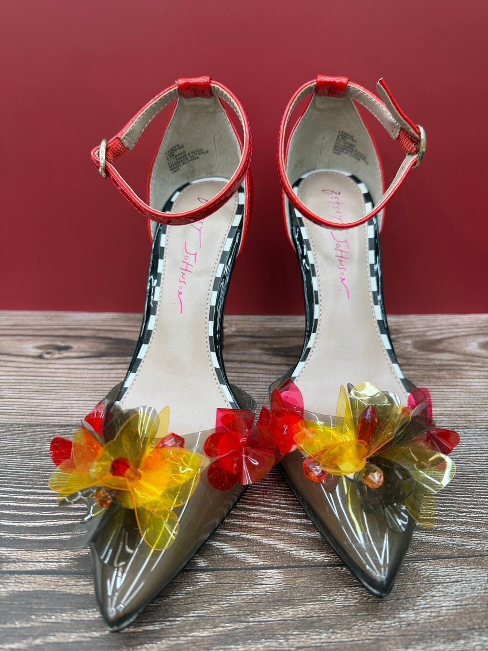 Betsey Johnson Landyn Floral PVC Pointed Toe Heels Red Black Size 6.5